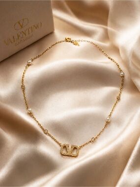 Gold and Pearl Valentino Garavani Logo Necklace